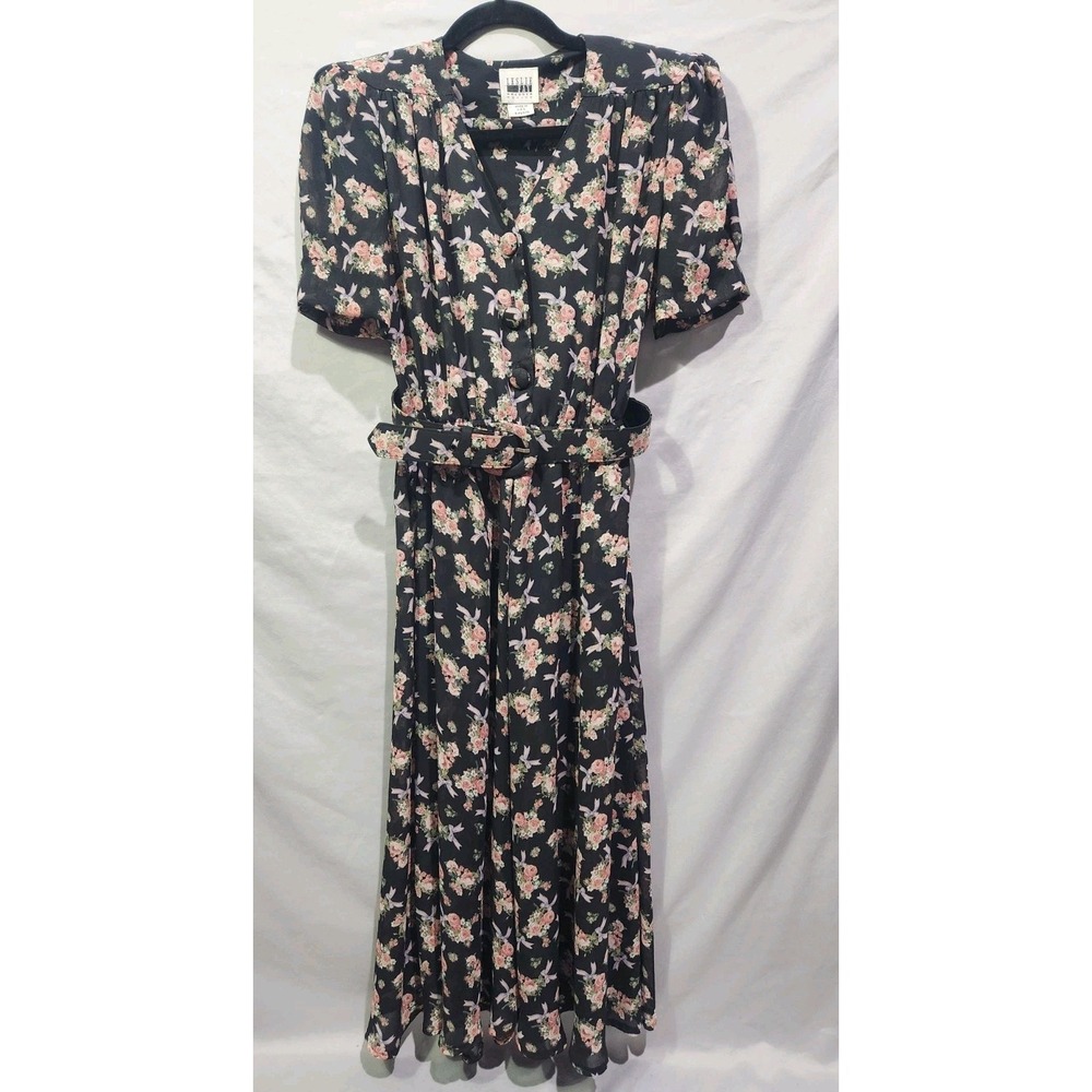 Vtg Leslie Fay Floral Bows Coquette Garden Midi Dress Size 4P SS‎ Belted Pockets